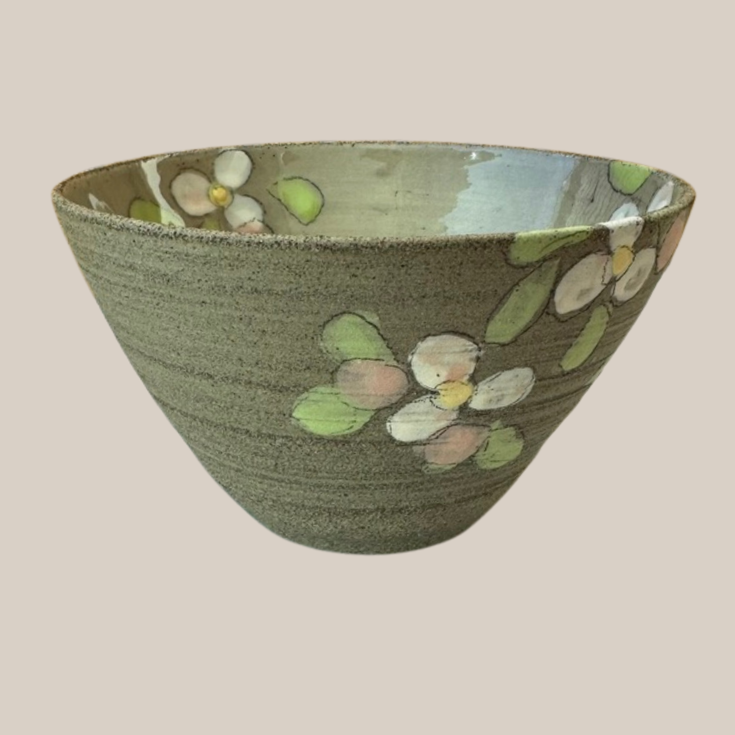 Keramik skål nr.48-beige m hvide æbleblomster.