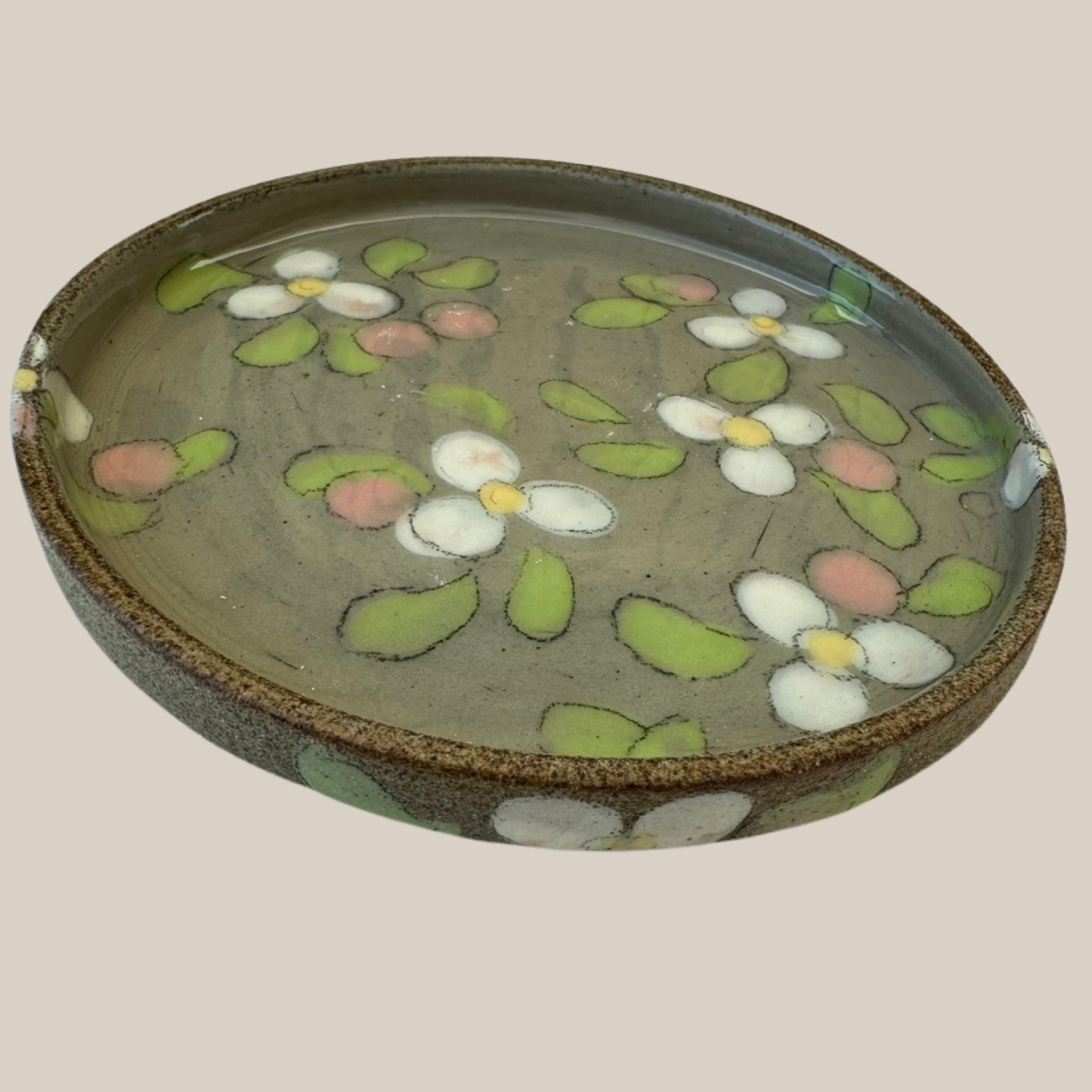 Keramik tallerken20-beige m. hvide æbleblomster