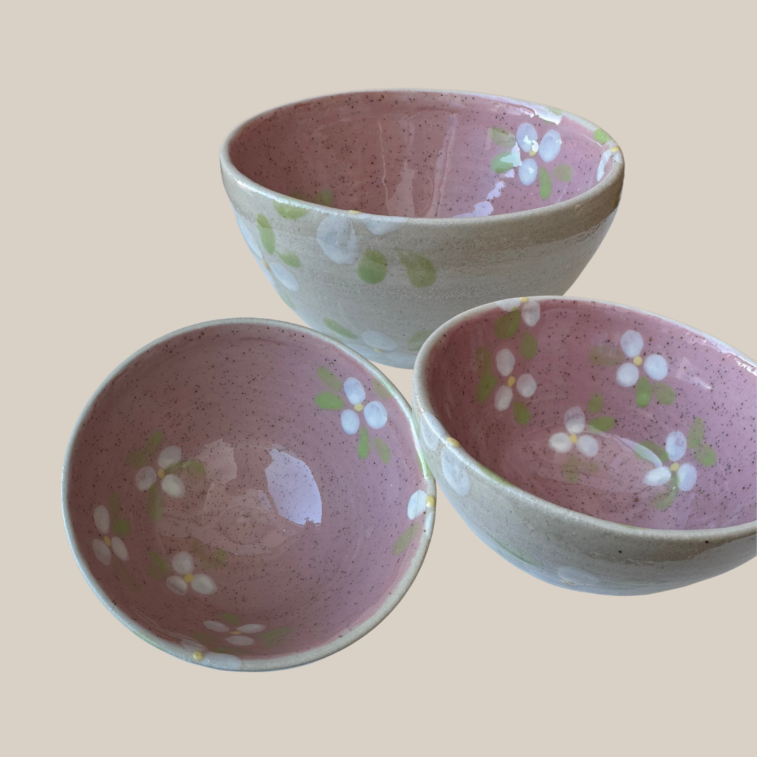 Keramik skål nr.43 rosa effekt m. hvide æbleblomster