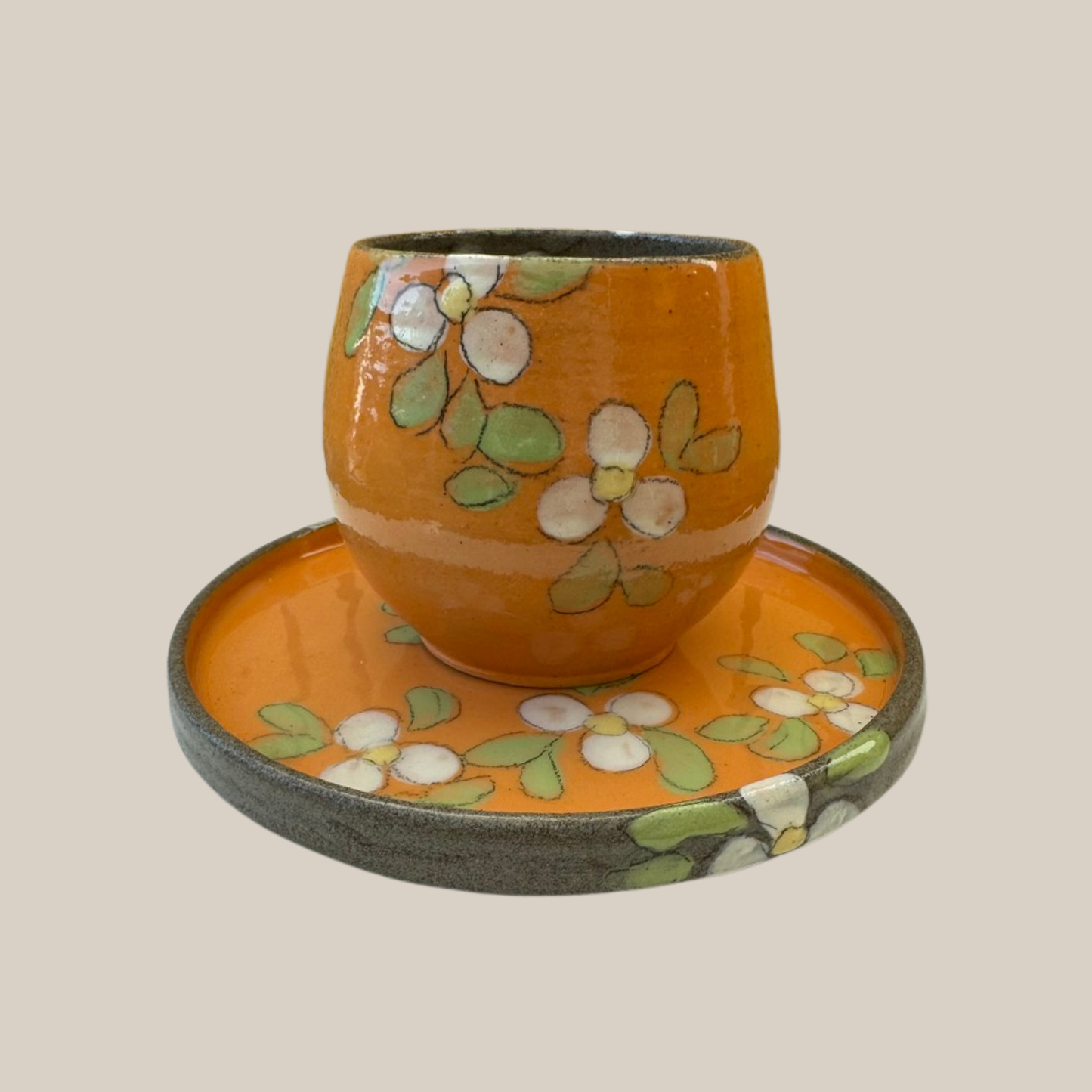 Keramik tallerken21-orange m. hvide æbleblomster