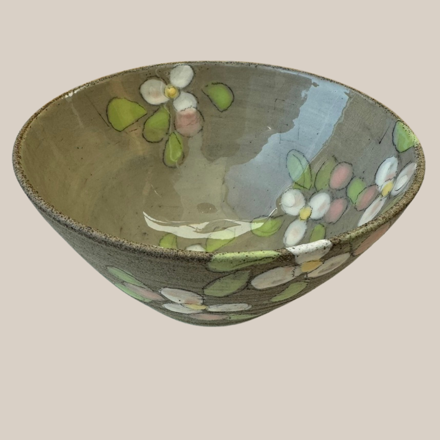 Keramik skål nr.48-beige m hvide æbleblomster.