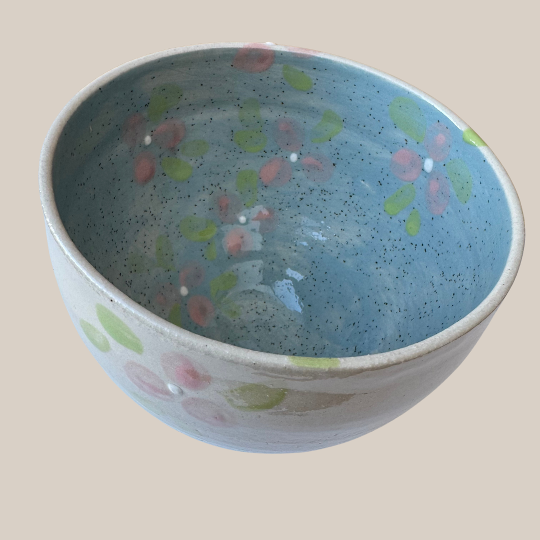 Keramik skål nr.41 lysblå effekt og rosa æbleblomster