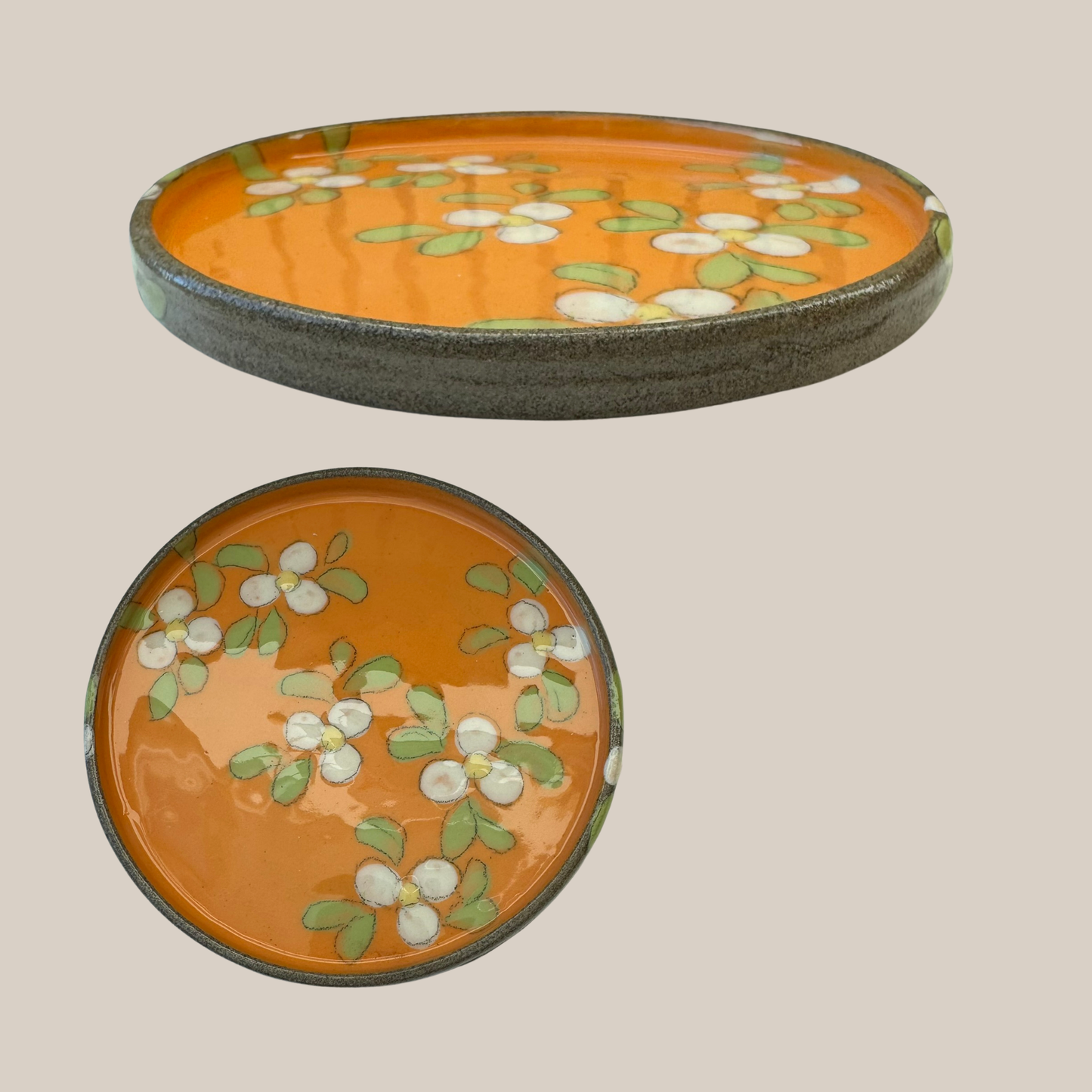 Keramik tallerken21-orange m. hvide æbleblomster