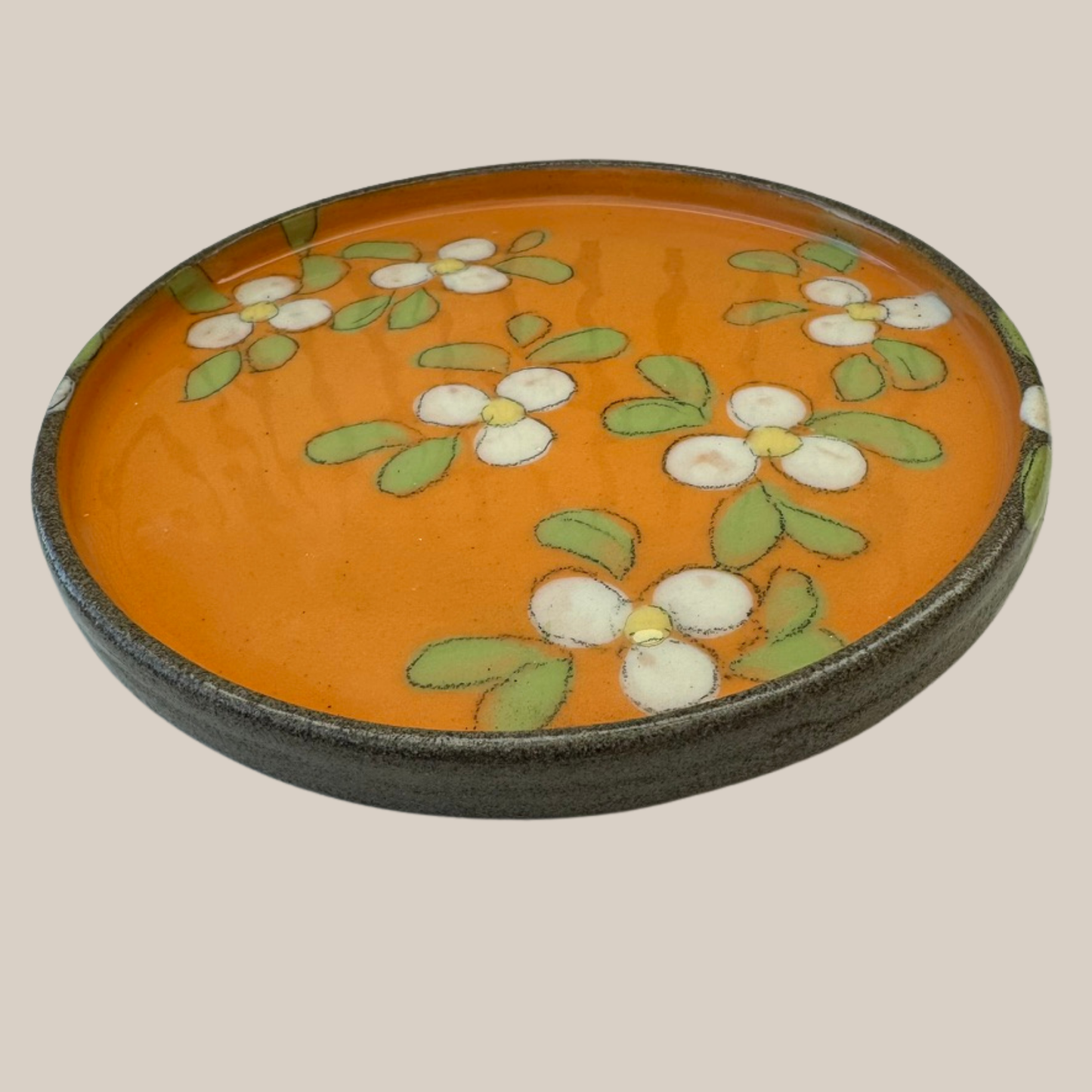 Keramik tallerken21-orange m. hvide æbleblomster